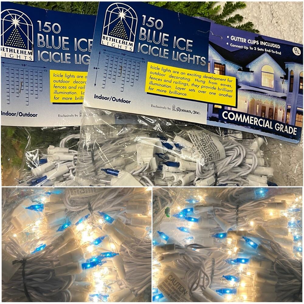 Vintage 1998 Roman 300 Blue Ice Icicle String Lights White Cord Indoor Outdoor